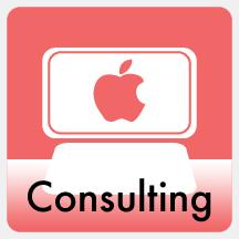 Consulting icon.  Drawing of a computer with an Apple logo on the screen with the word consulting.
